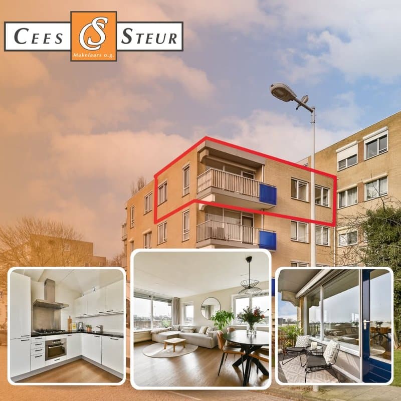 Advertentiebeeld van een appartementencomplex met het te koop staande appartement rood omlijnd en drie inzetten van keuken, woonkamer en balkon
