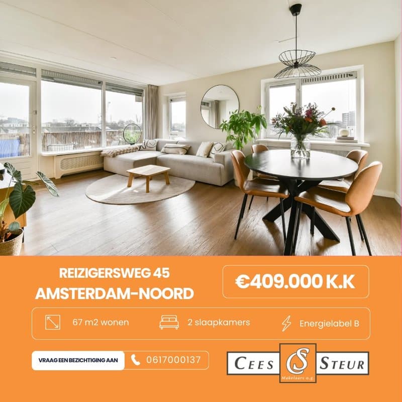 Advertentiebeeld van een lichte woonkamer met daaronder een oranje band met adres, prijs, woonoppervlak, aantal slaapkamers en energielabel